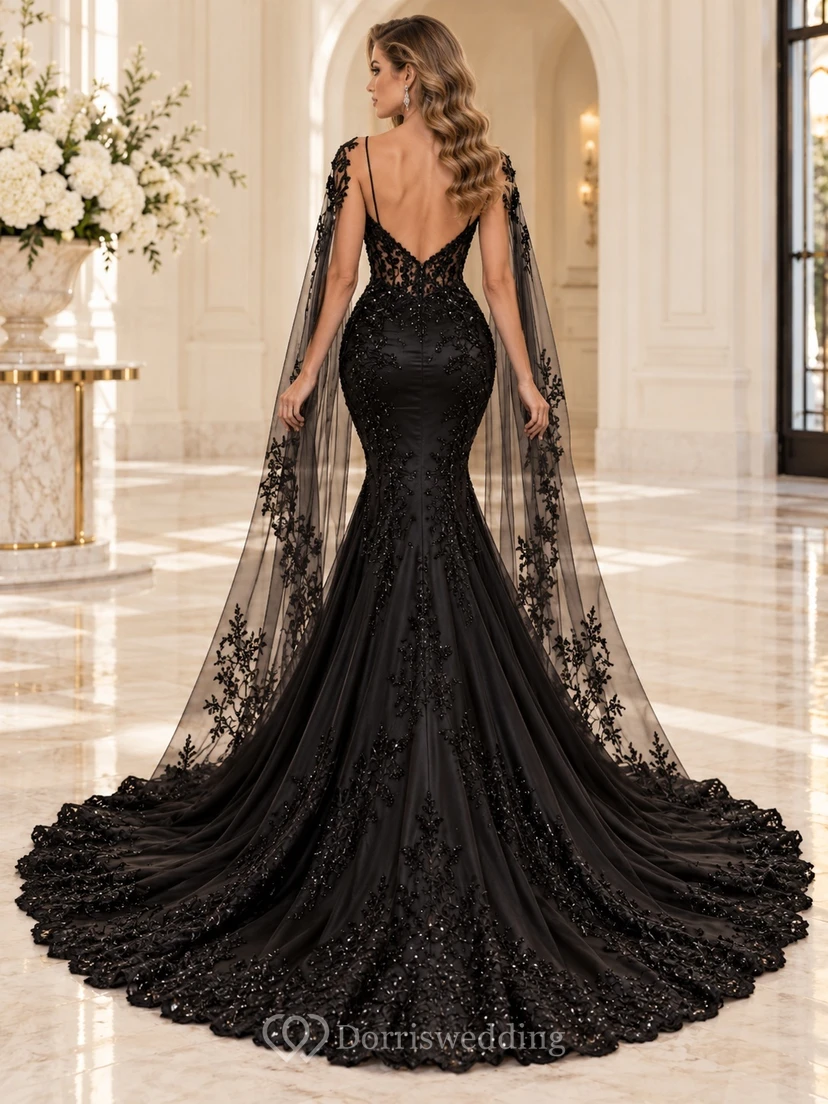 Black Mermaid V-Neck Lace Cape Train Bridal Wedding Dress view 2