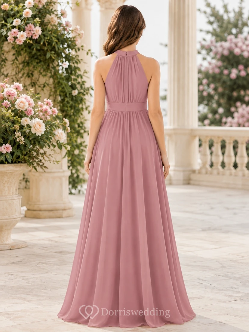 Brautjungfernkleid in Altrosa, A-Linie, hoher Kragen, ärmellos view 2