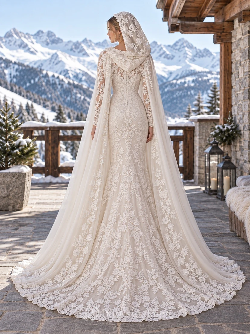Vestido de novia tipo capa con capucha, escote barco y encaje floral, manga larga view 2