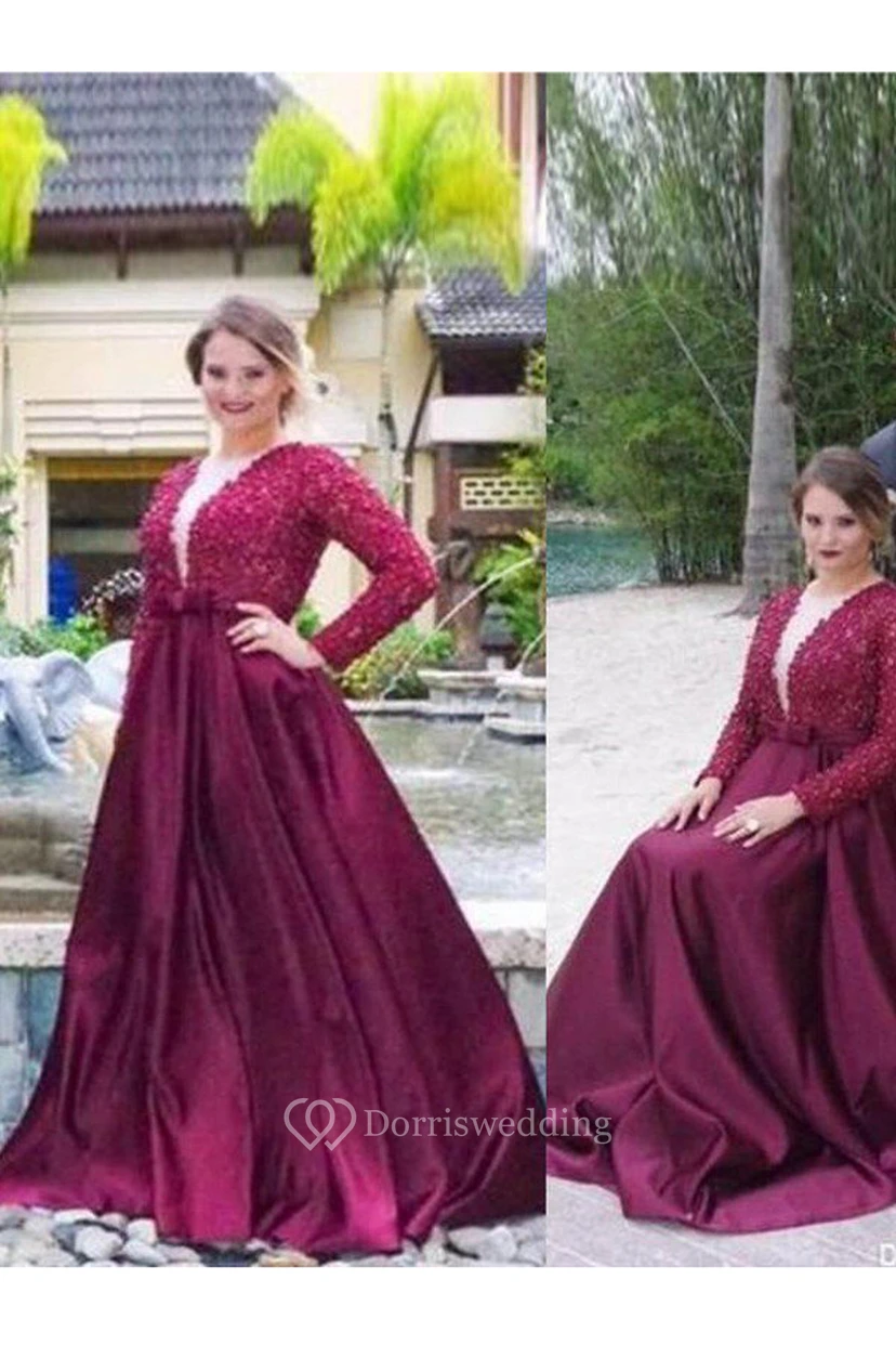 A-Line Satin Lace V-neck Long Sleeve Zipper Low-V Back Dress