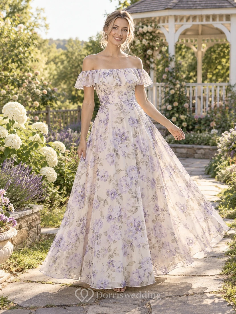 Vestido largo de dama de honor con volantes, escote Bardot y corte en A, estampado floral lavanda campestre