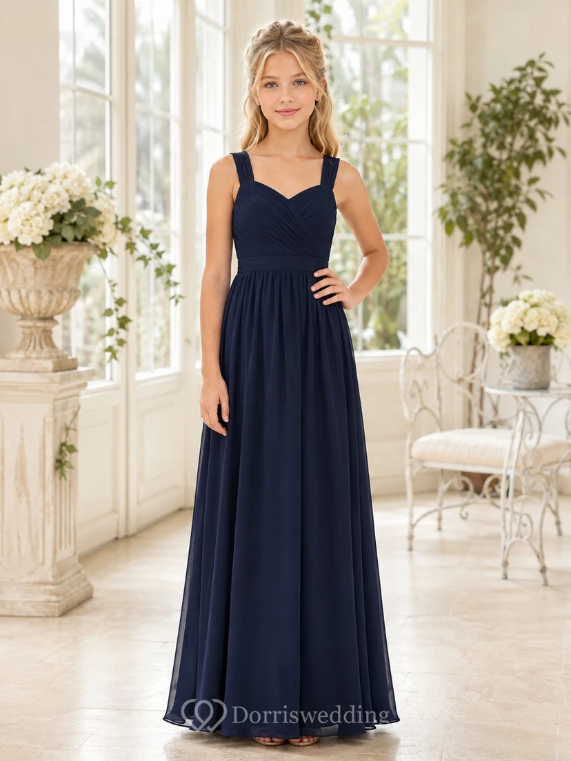 Dunkelblaues Brautjungfernkleid für junge Frauen, A-Linie, ärmellos, Chiffon, Schleifendetail, romantisch
