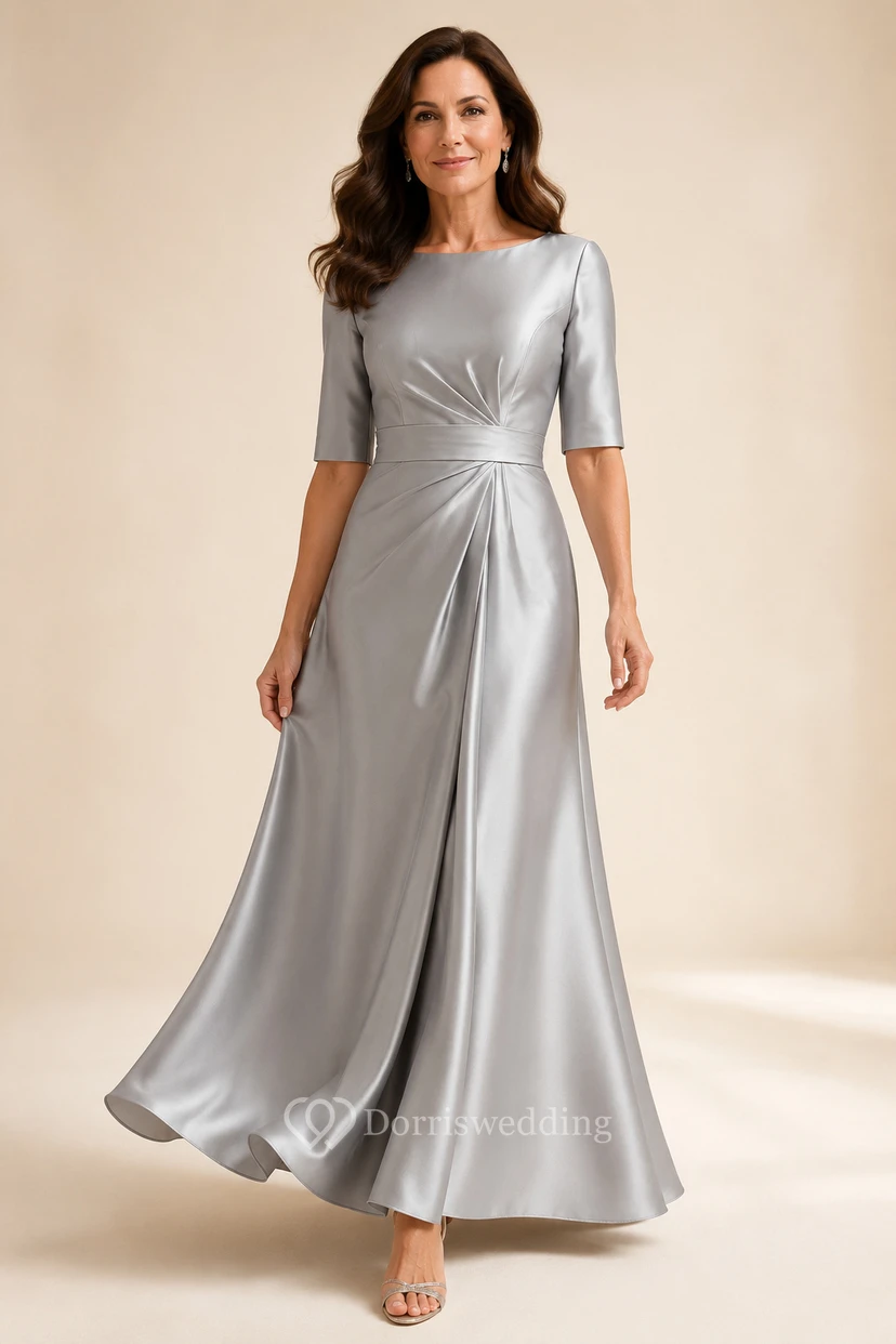 MOB-Kleid aus silbernem Satin, A-Linie, halblang, mit U-Boot-Ausschnitt, bodenlang mit Schlitz