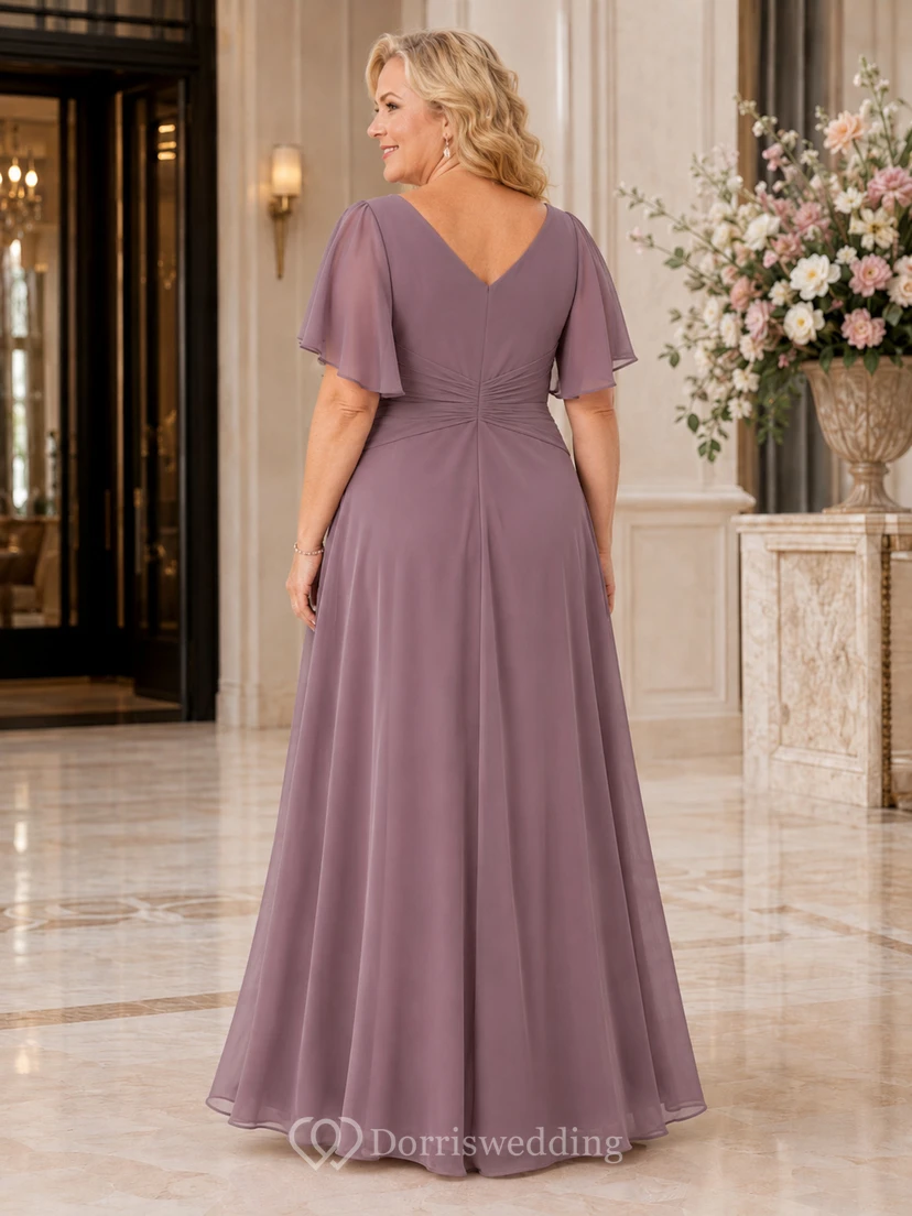 Plus size mauve V neck flutter sleeve chiffon mother gown view 2