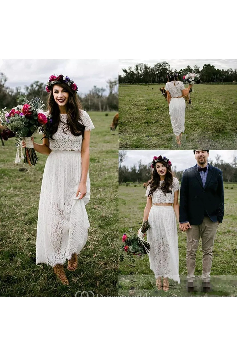 Jewel T-shirt Short Sleeve Ankle-length Lace A-Line Sheath Wedding Dress view 5