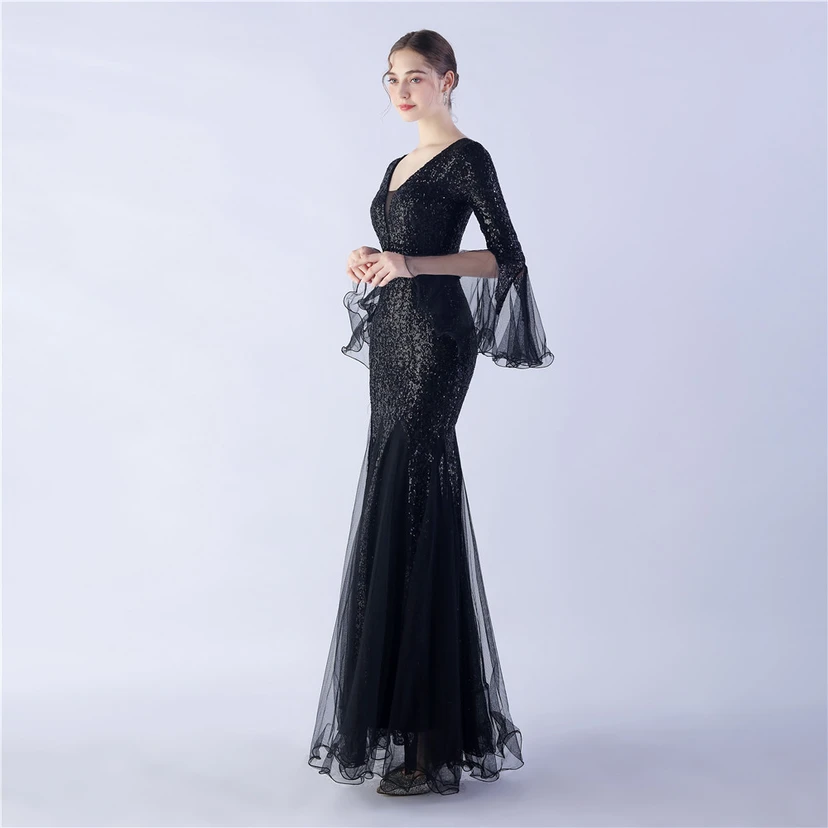 Vestido de noche con lentejuelas, bordado de malla encriptada, estilo artesanal de seda de pez y borde ondulado. view 39