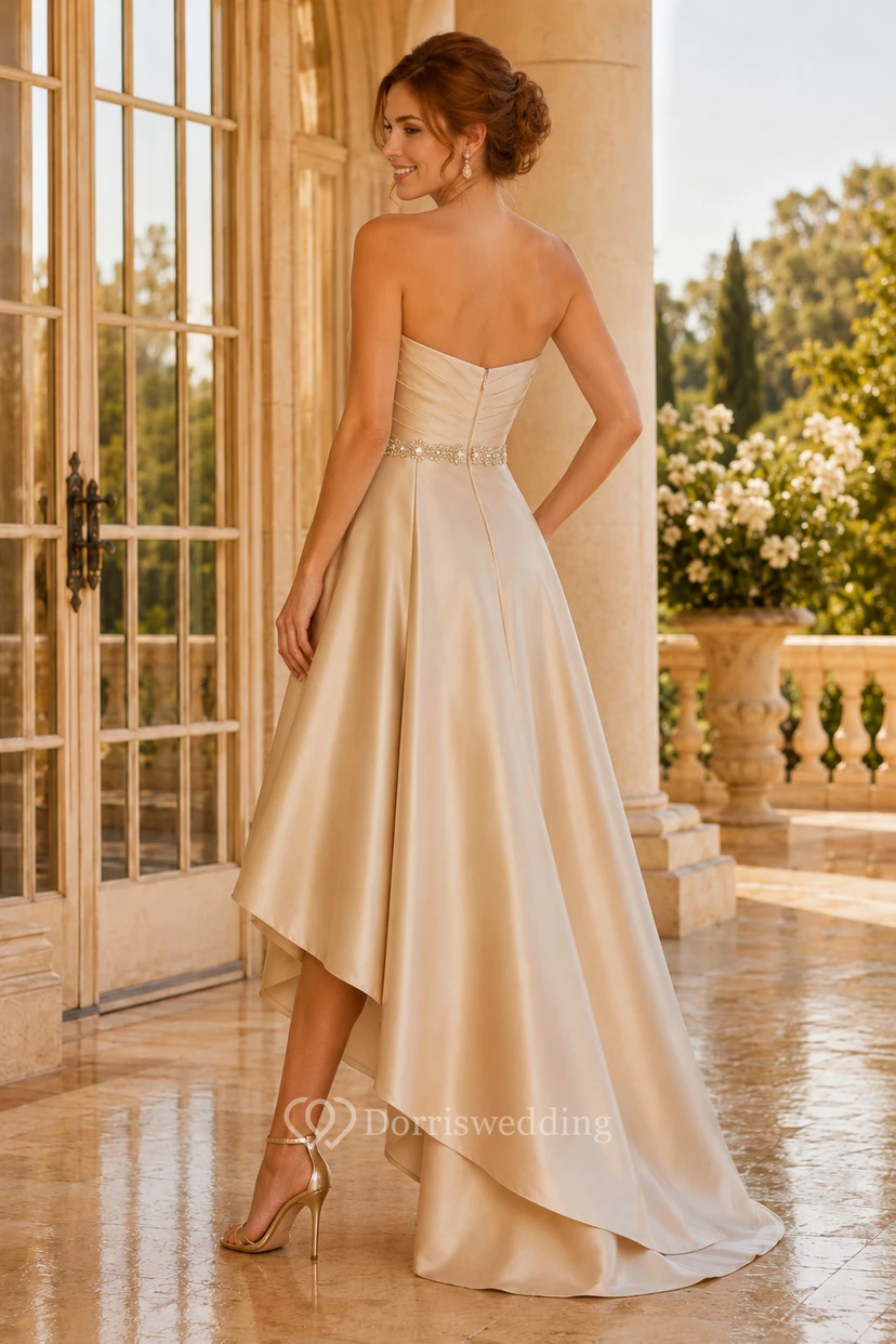 Champagne Strapless Satin High-Low Dress with Sweep Train view 2