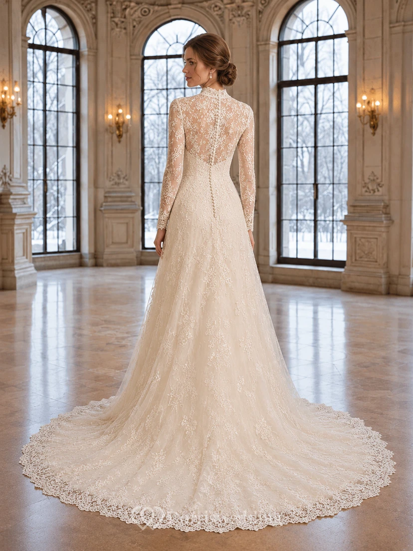 Modest Winter High Neck Long Illusion Lace Sleeve A-Line Chapel Train Wedding Gown view 2