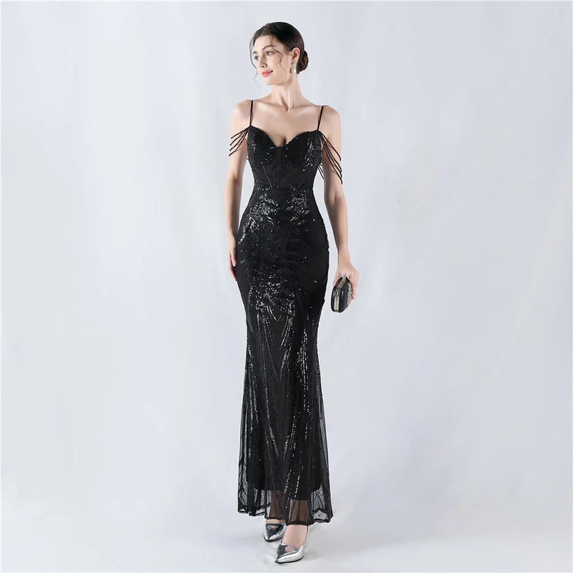 Waist-Reduced Fishbone Shaping Positioning Flower Sequined Anchor Sexy Beaded Suspender Evening Dress view 35