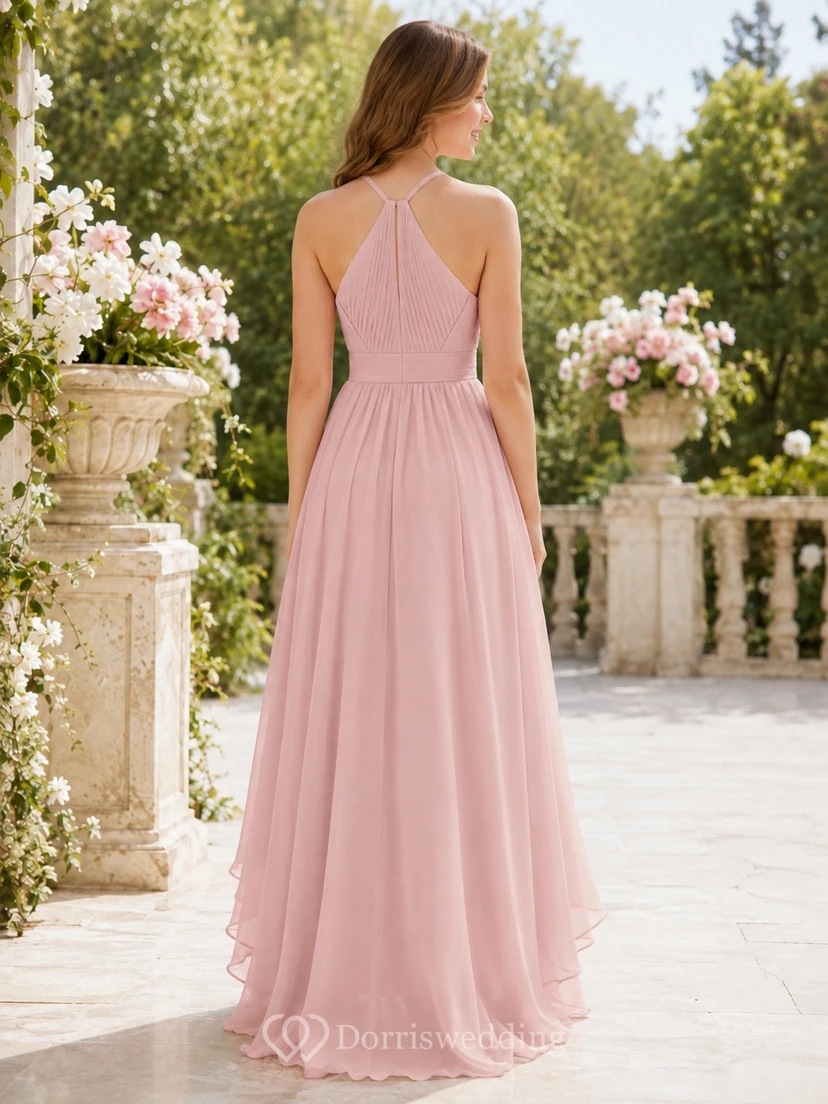 Vestido de dama de honor juvenil rosa ruborizado, corte A, escote halter, sin mangas, bajo asimétrico, gasa con volantes, estilo romántico. view 2