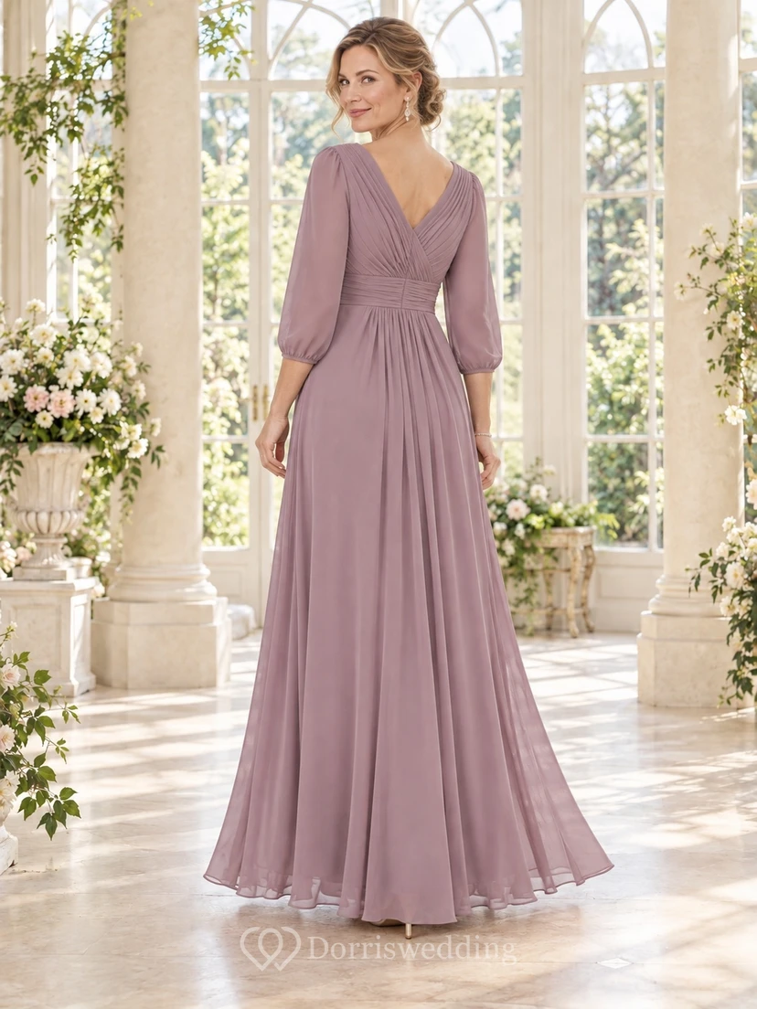 Vestido de gasa de corte A, estilo imperio, con escote en V, manga tres cuartos y largo hasta los tobillos, color malva, para la madre de la novia. view 2