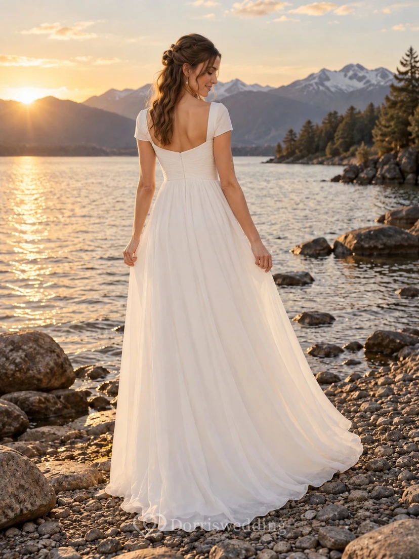 Vestido de novia de gasa de corte A con escote corazón, manga corta, corpiño fruncido y falda fruncida. view 2