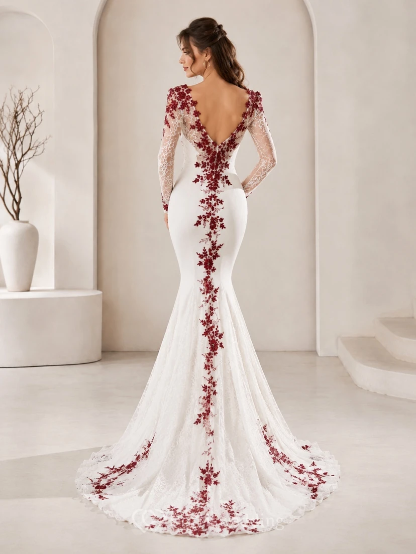 Rotes Brautkleid aus Spitze mit langen Ärmeln, V-Ausschnitt, Meerjungfrauenschnitt und Schleppe view 2