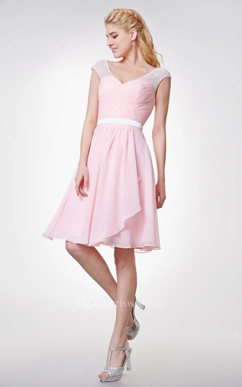 V-neck Knee Length Chiffon Side-draped Dress With Sash view 2