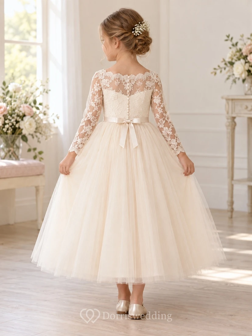 Long Sleeve Champagne Scalloped Floral Lace A-Line Tea-length Tulle Satin Bow Flowergirl Dress view 2
