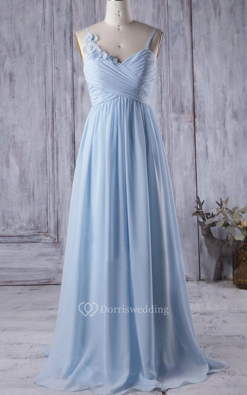 Spaghetti Straps Criss-cross Top A-line Pleated Chiffon Long Dress With Flowers