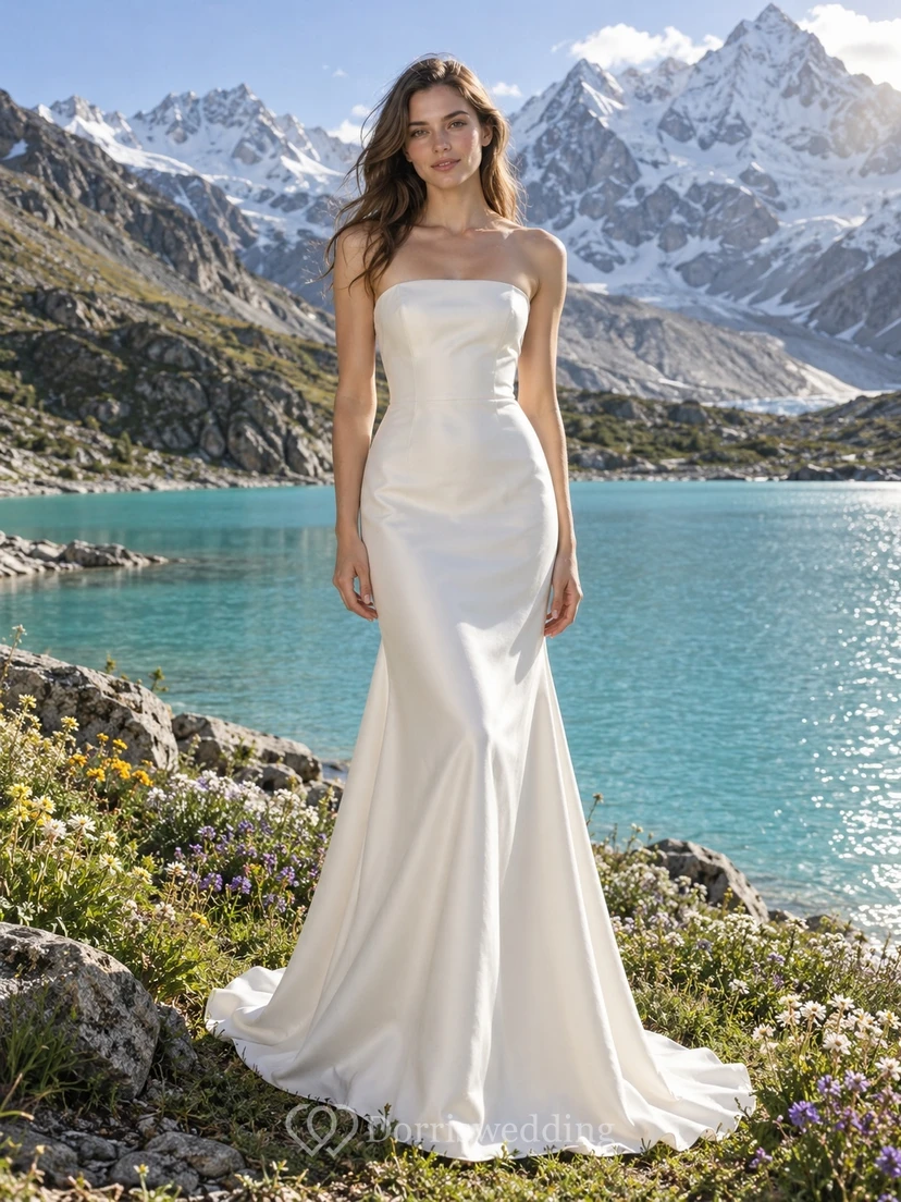 Vestido de novia sencillo de satén sin tirantes, ajustado, estilo sirena, con cola.