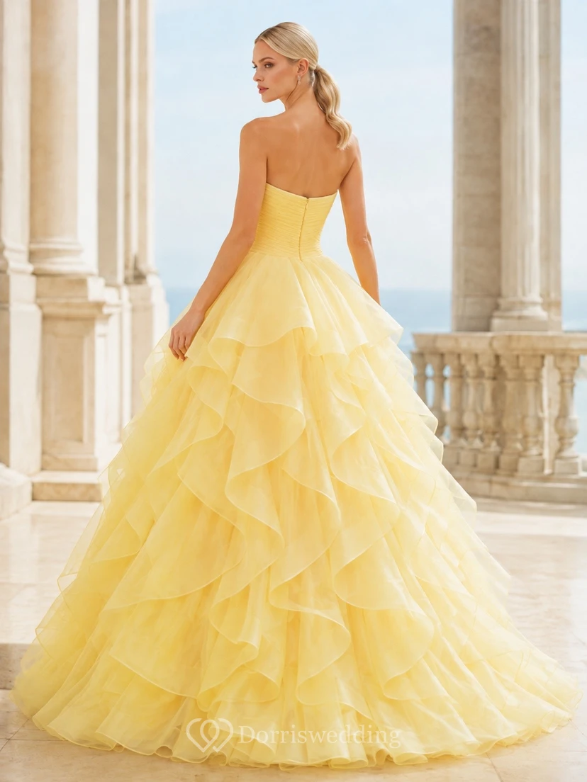 Yellow Tulle Strapless Sweetheart Tiered Ruffle Ball Gown view 2