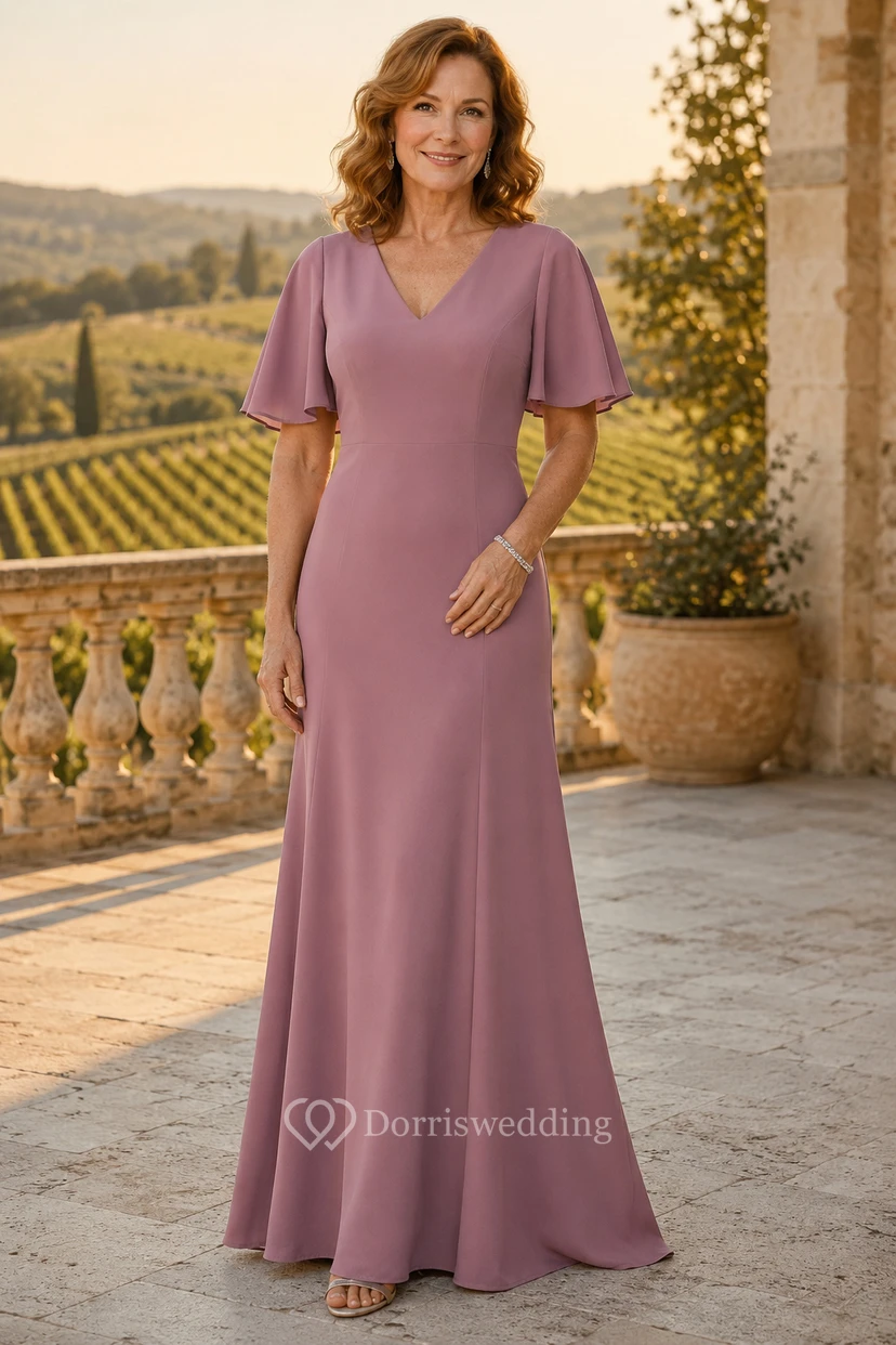 Altrosafarbenes Meerjungfrauen-Kleid mit V-Ausschnitt, flatternden Ärmeln und Muttermotiv