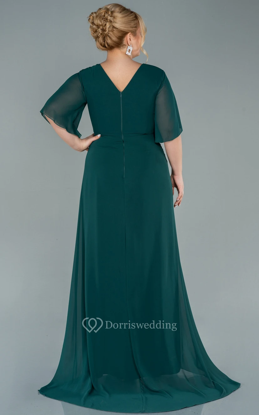 Elegant Half-sleeve V-neck Empire Chiffon Slit Front Draped Plus Size Mother of Bride Dress view 8