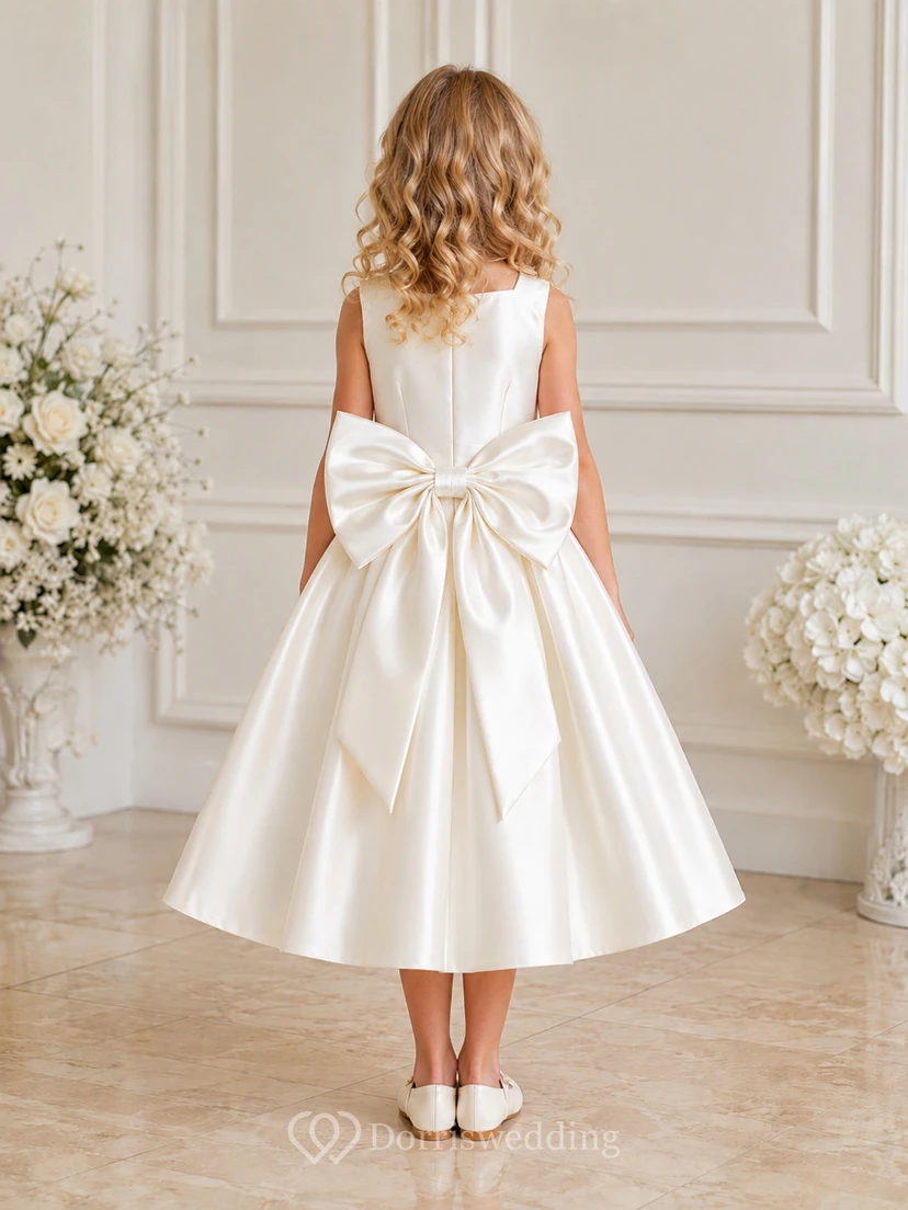 Simple Satin A-Line Flower Girl Dress with Bow Back view 2