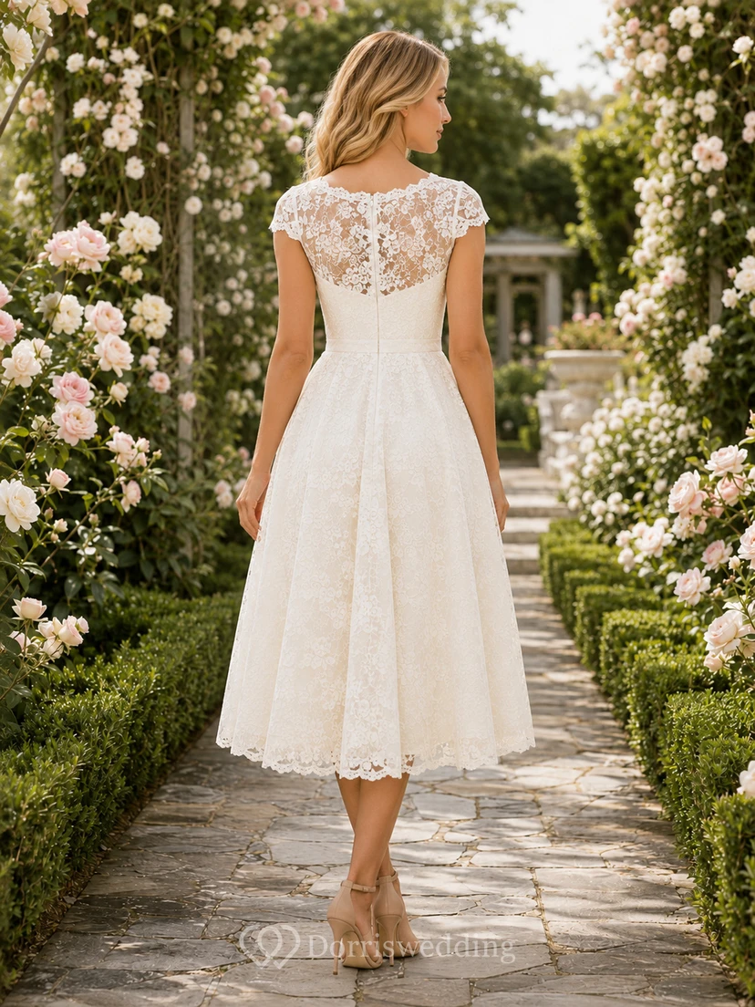 Ivory illusion lace short sleeve tea length garden guest dress view 2