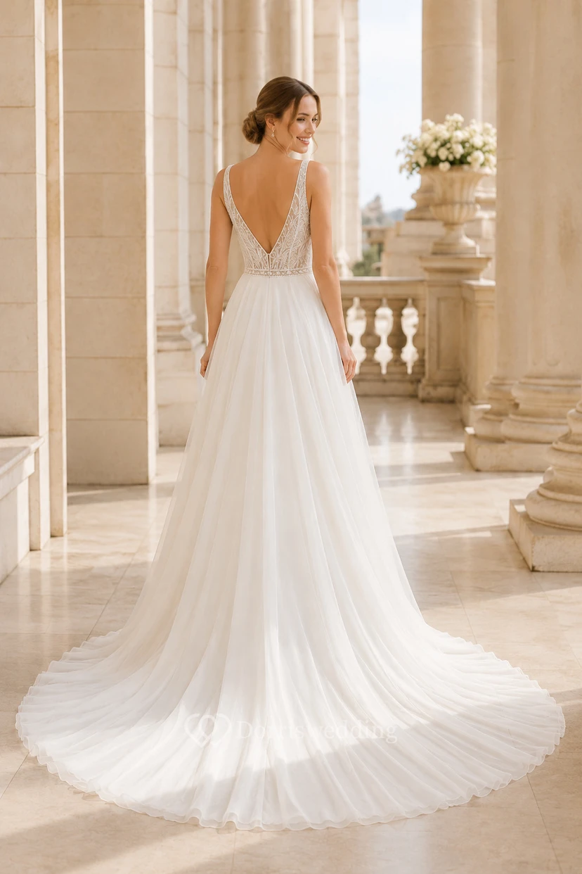 Brautkleid aus Chiffon in A-Linie mit V-Ausschnitt, Spitzenoberteil und Kapellenschleppe view 2