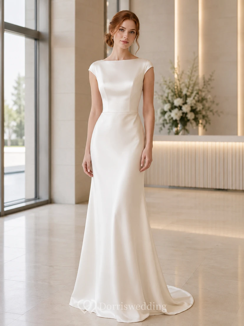 Bateau Cap Sleeve Satin Sheath Modern Civil Bridal Gown