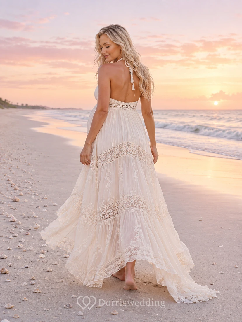 Maternity Halter Lace High-Low Tiered Beach Wedding Dress view 2