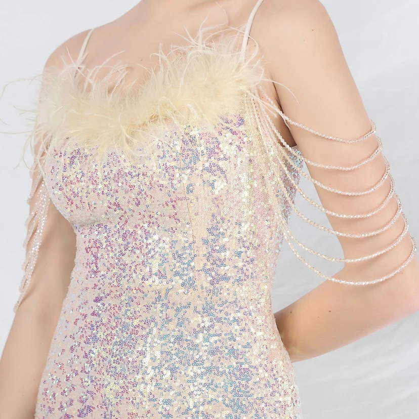 Craft Beaded Ostrich Feather Fantasy Sequined Long Evening Dress view 27