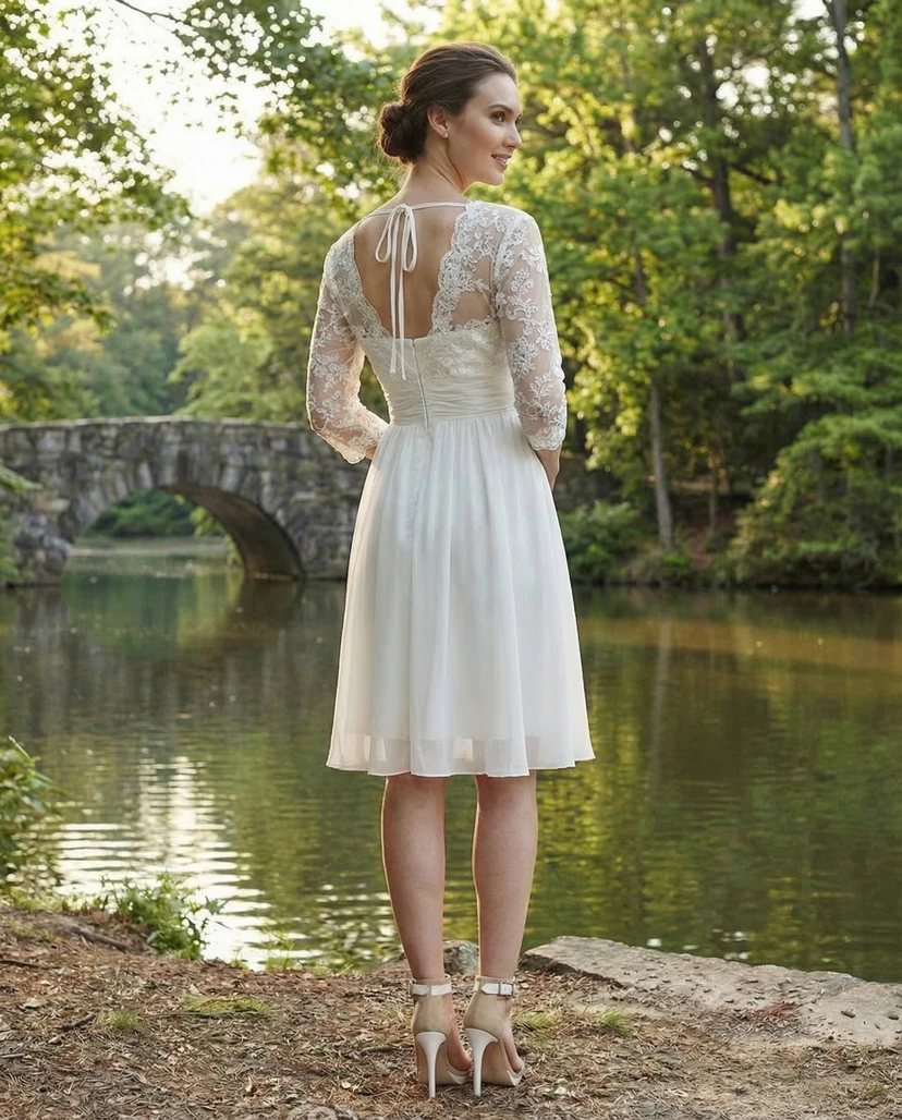 3/4 Sleeve V-Neck Lace Knee-Length Gown view 2