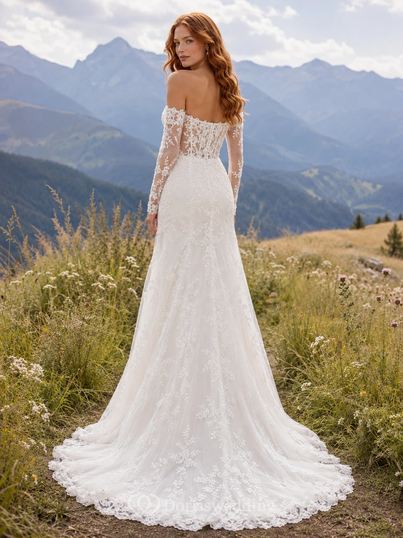 Brautkleid im Landhausstil mit Spitze, Meerjungfrauenschnitt, schulterfrei, Schleppe und tiefem V-Ausschnitt view 2