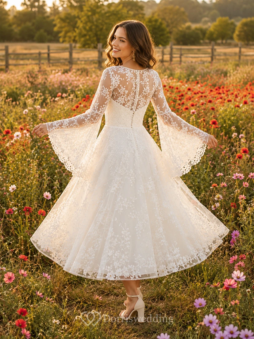 Boho Scalloped Lace Bell Sleeve Tea Length Country Wedding Dress view 2