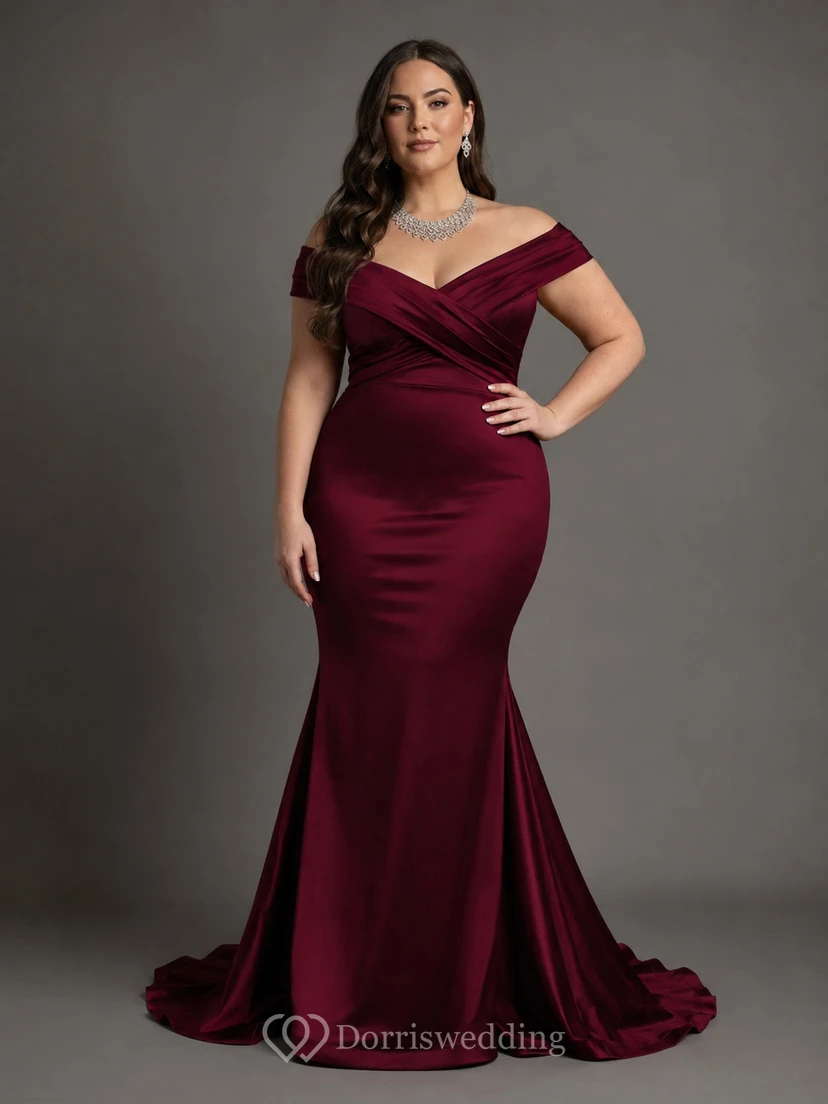 Mermaid Trumpet Satin Off-the-shoulder Short Sleeve Zipper Dress view 4