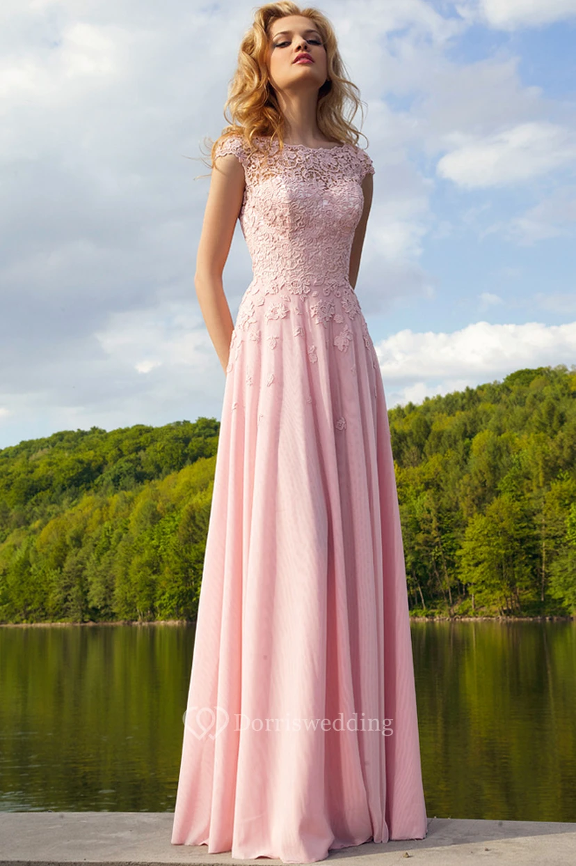 Sheath Cap-Sleeve Bateau-Neck Appliqued Floor-Length Chiffon Prom Dress