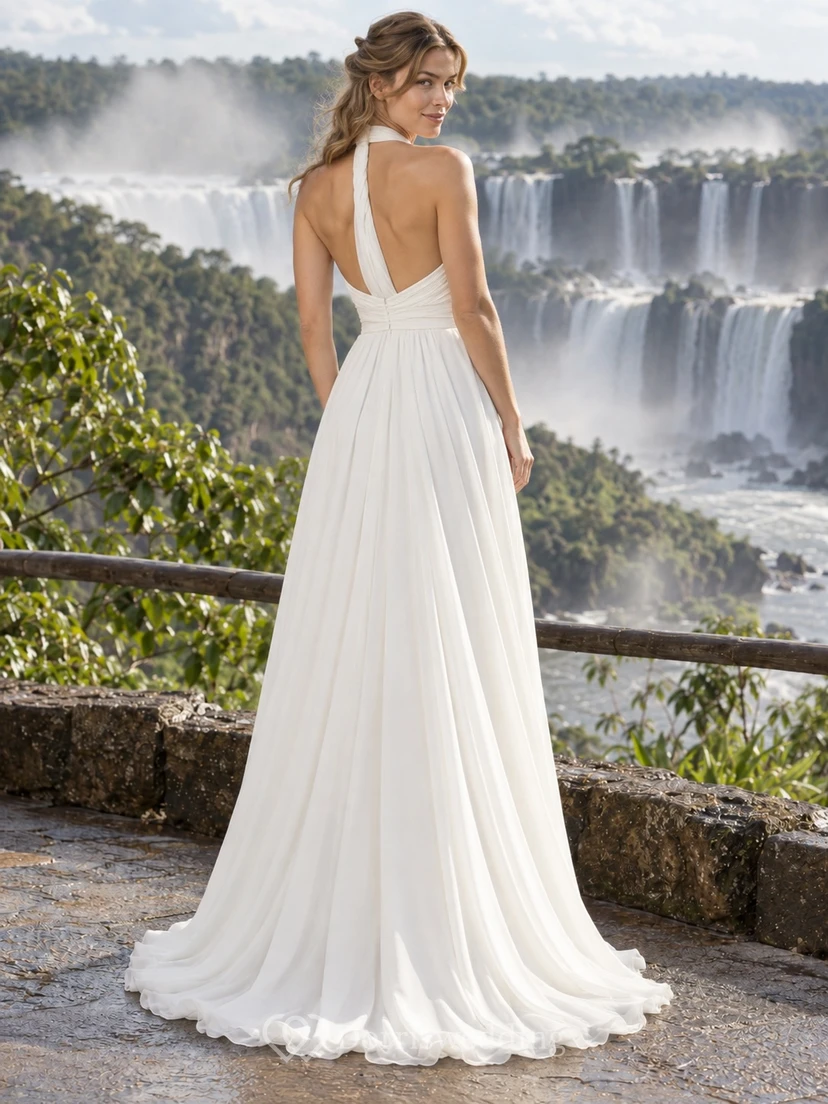 Halter V Neck Crepe Wedding Dress with Draped Bodice and Flowing A-Line Skirt view 2