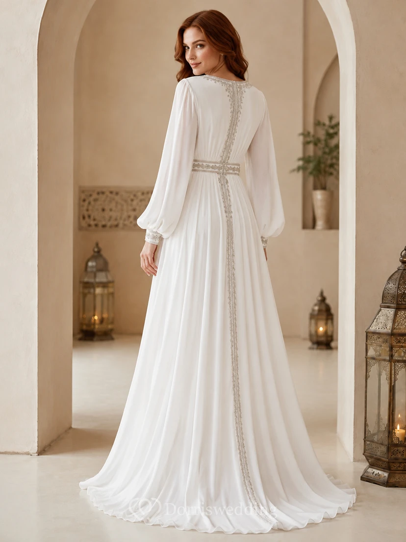 Modest Oriental Chiffon A Line V Neck Long Poet Sleeve Wedding Dress view 2