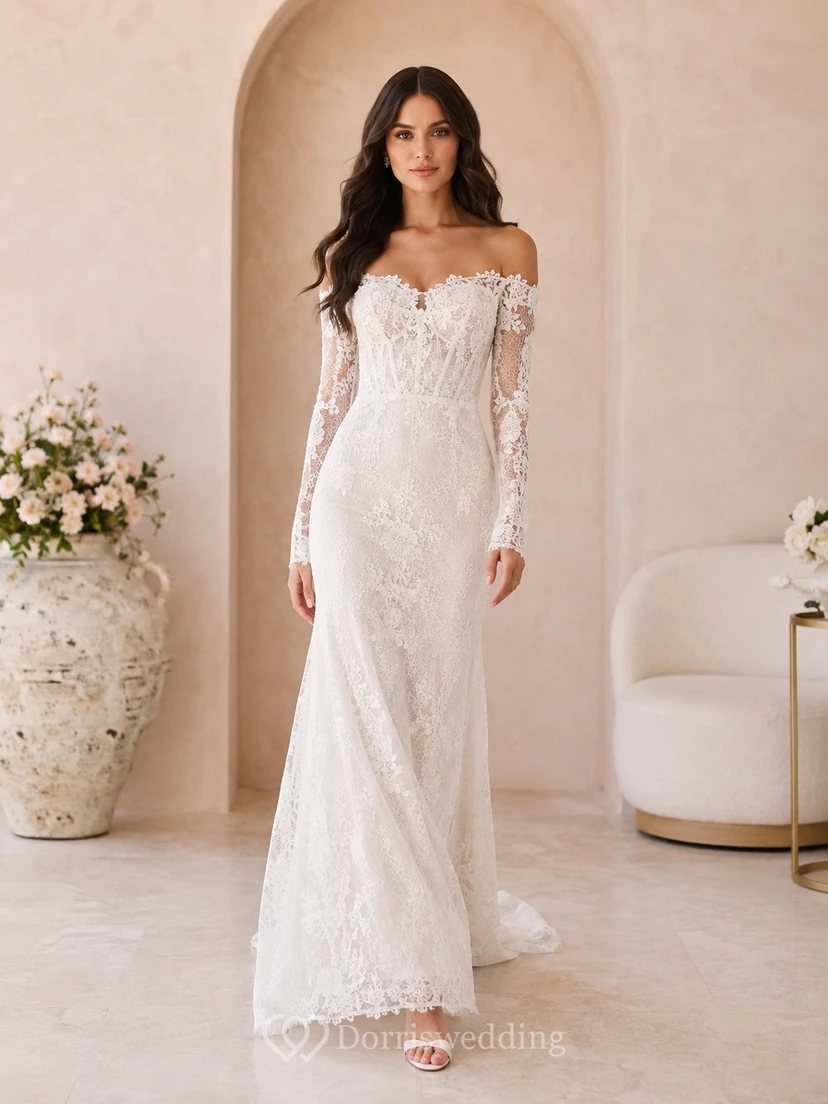 Vestido de novia largo hasta el suelo, estilo sirena, con mangas largas y hombros descubiertos, de encaje.