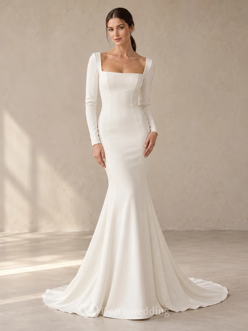 Vestido de novia sencillo de corte sirena con cuello cuadrado y mangas largas