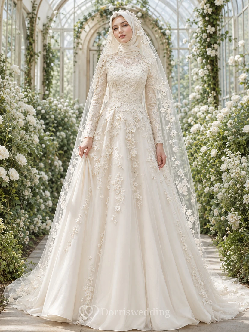 Vestido de novia musulmán modesto con velo floral y encaje botánico