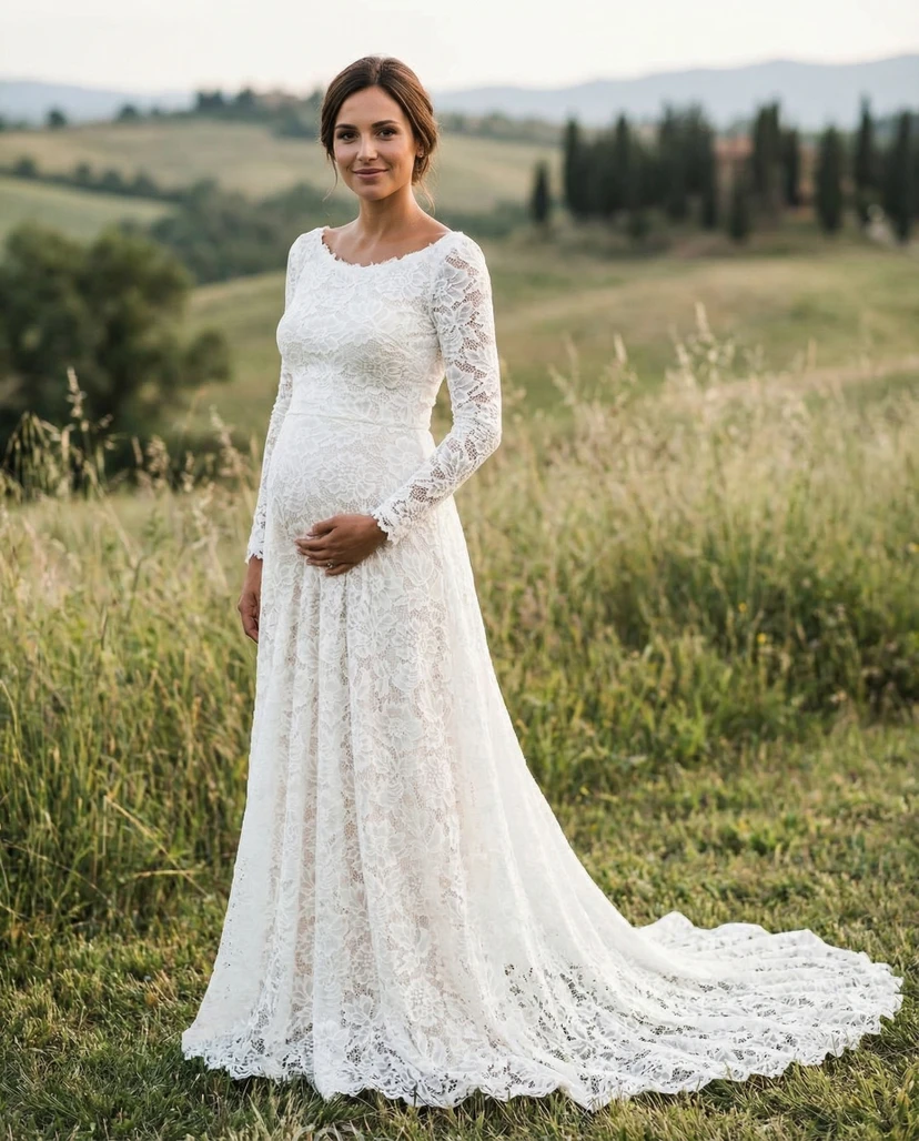 Long Sleeve Full Lace Maternity Wedding Dress with Scoop Neck and Sweep Train
