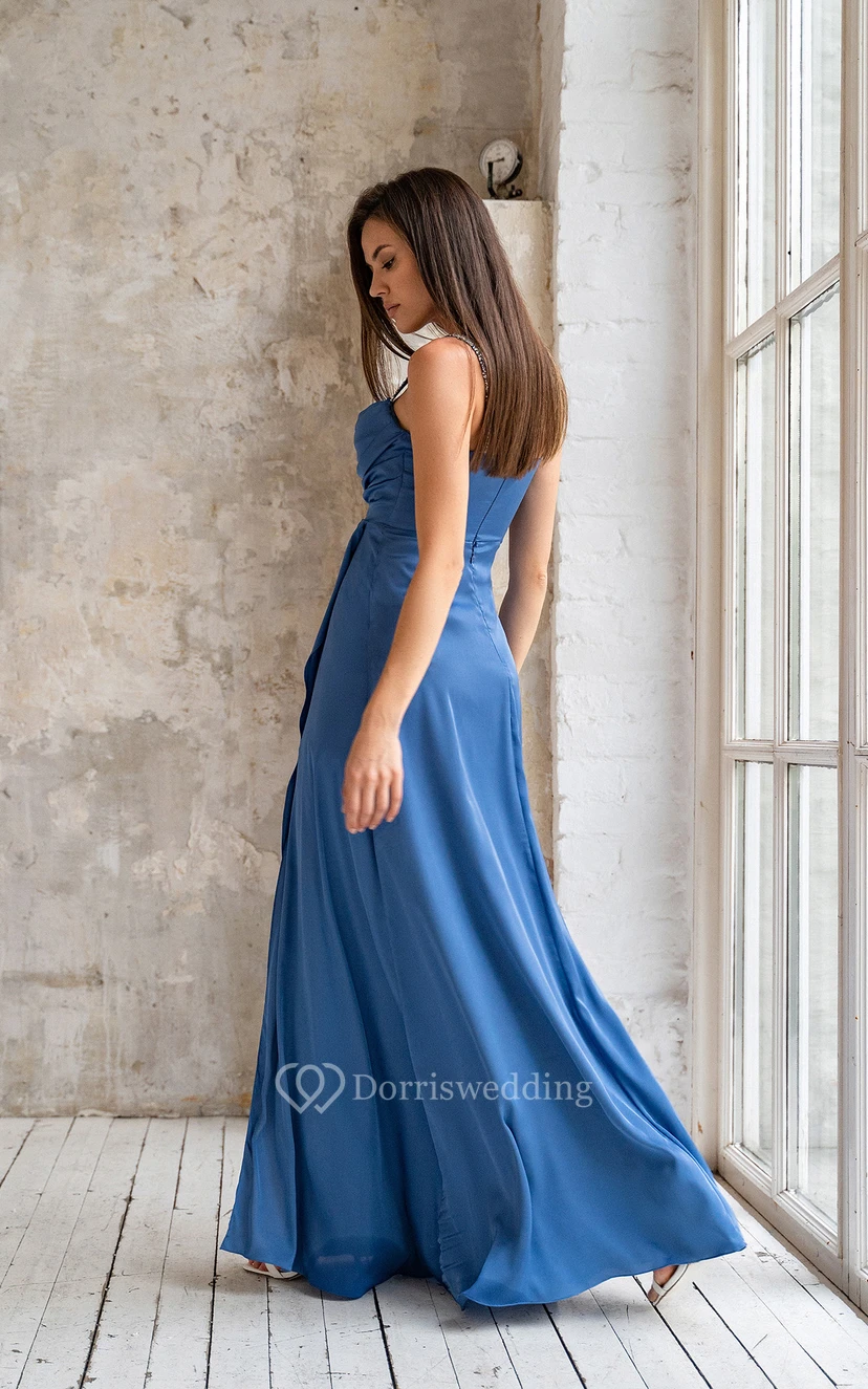 A-Linien-Chiffonkleid im Empire-Stil mit herzförmigem Ausschnitt, bodenlang, mit perlenbesetzten Trägern und Schlitz vorne view 2