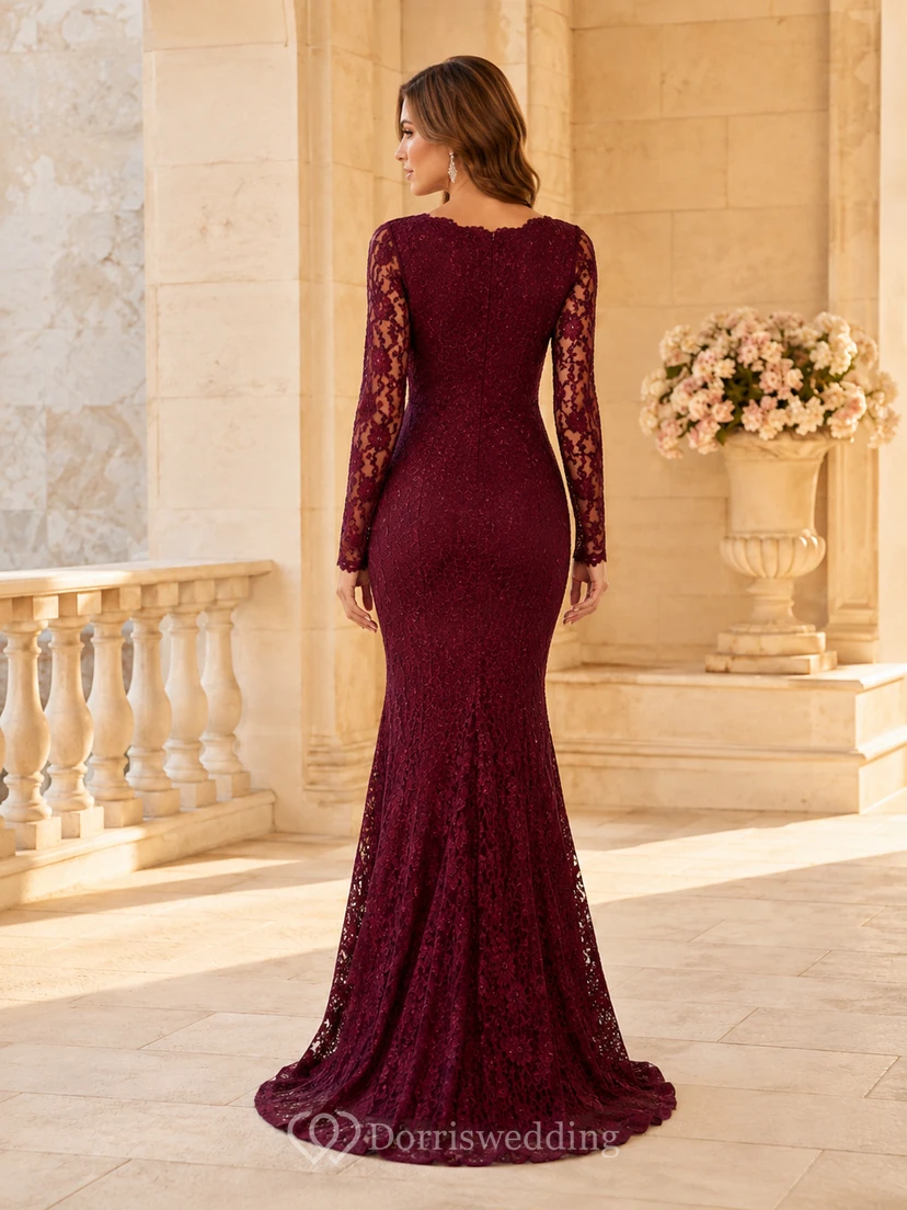 Burgunderfarbenes, formelles Brautkleid mit herzförmigem Ausschnitt, Illusion-Effekt, langen Ärmeln, Meerjungfrauenschnitt und Spitze view 2