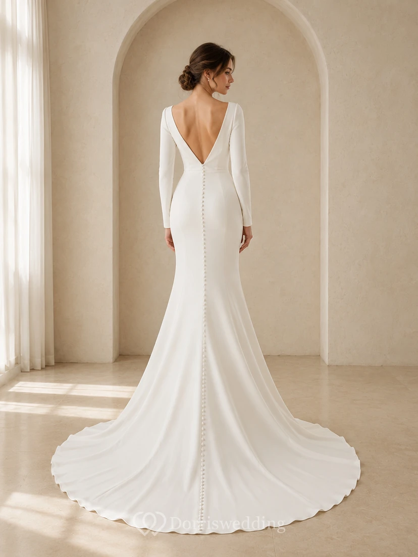 Modest Satin Bateau Long Sleeve Mermaid Deep V Wedding Dress view 2