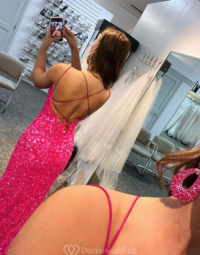 Spaghetti Sexy Front Split Sequin Sheath Floor-length Dress view 7