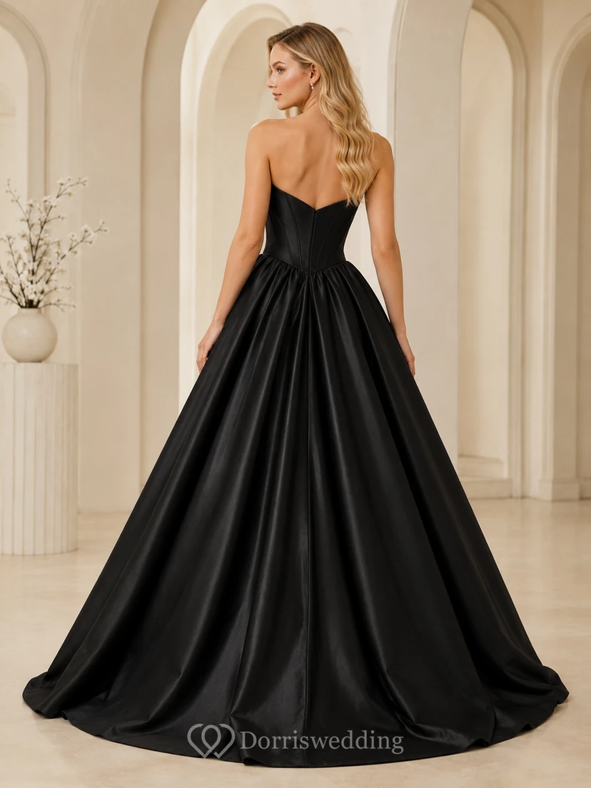 Classic Satin Black Ball Gown Floor-length Sweep/Brush Train Strapless Sweetheart Sleeveless Luxury Elegant Prom Evening Formal Reception Dress view 2