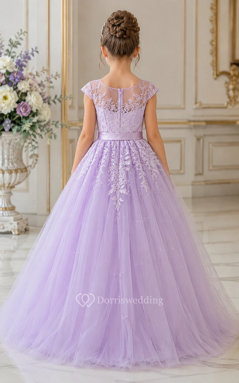 A-line Floor Length Cap Sleeve Tulle Lace Flower Girl Dress with Lavender V-neck lace bodice and flowing tulle view 2