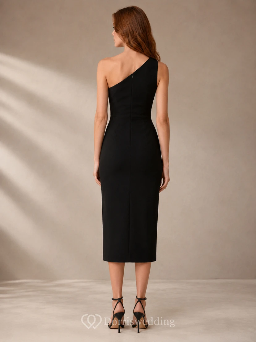 Black One Shoulder Minimalist Sheath Lookbook Midi Dress view 2
