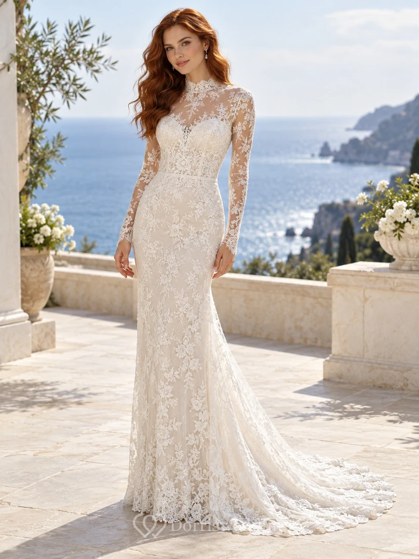 High Neck Long Sleeve Open Back Floral Lace Wedding Dress