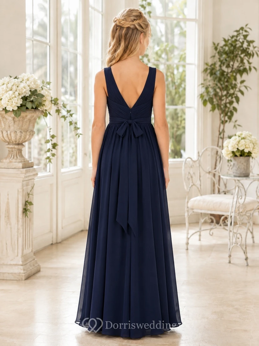 Dunkelblaues Brautjungfernkleid für junge Frauen, A-Linie, ärmellos, Chiffon, Schleifendetail, romantisch view 2